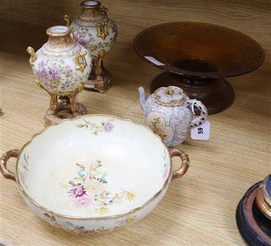 A Doulton Marqueterie teapot, a glass bowl, two ivory ground vases and a bowl